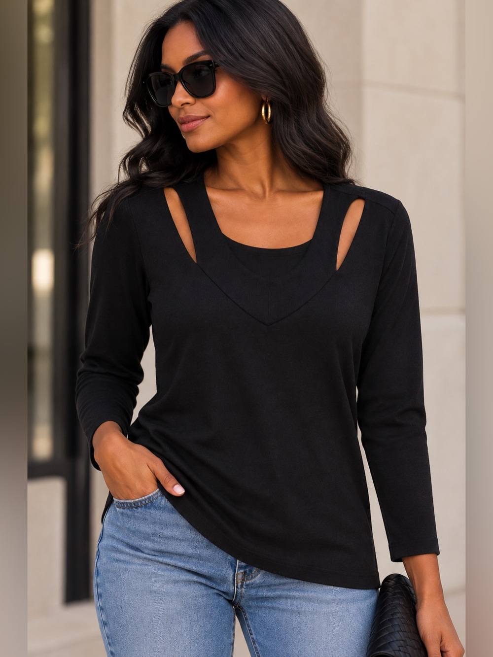 Cable & Gauge NWT Women’s Large Black Cutout V-Neck Long Sleeve Knit Top